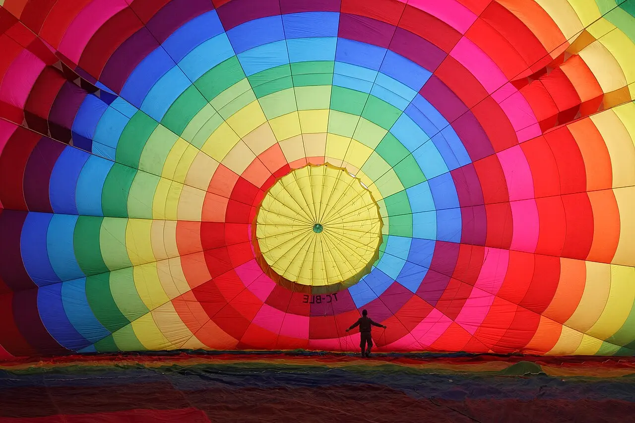 Interior of a colorful hot-air balloon being inflated before a Cappadocia flight.