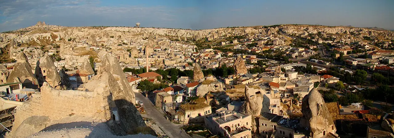 Early morning panorama of Göreme town among Cappadocia rock formations.