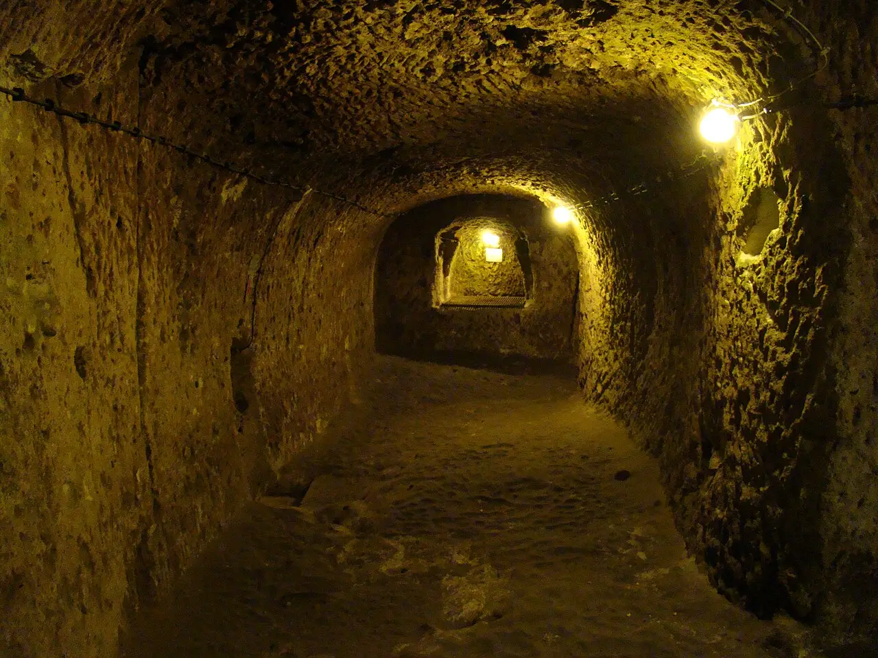 Rock-cut interior of Derinkuyu Underground City in Cappadocia.