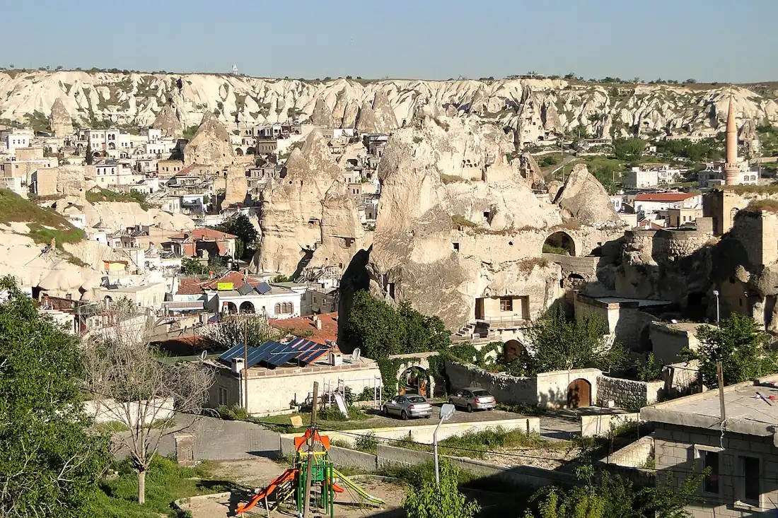 Göreme’s stone houses and cave dwellings seen from Sunset Cave Hotel’s terrace